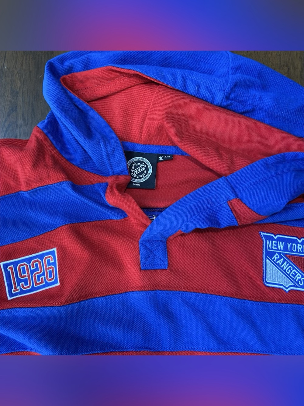 KLEW NHL New York Rangers Striped Rugby Hoodie Mens XL Blue Red Goalie Mask 1926